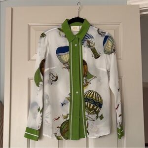 Maeve Silk Balloon-Print Blouse with Lime Trim